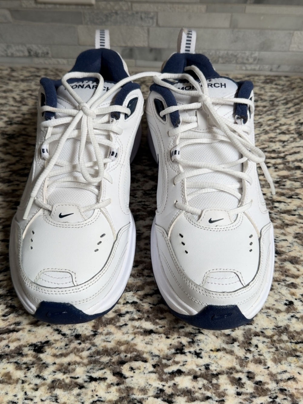 Nike Men's White & Navy Air Monarch-style Athletic Trainers - Picture 2 of 5